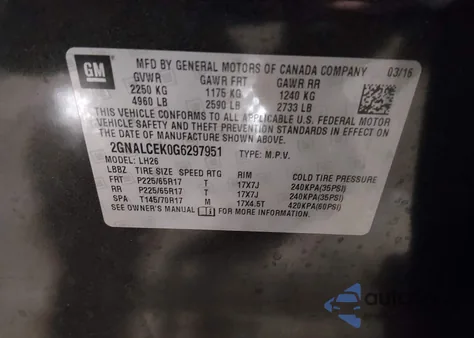 2016 Chevrolet Equinox Lt из США, поврежденный, VIN 2GNALCEK0G6297951